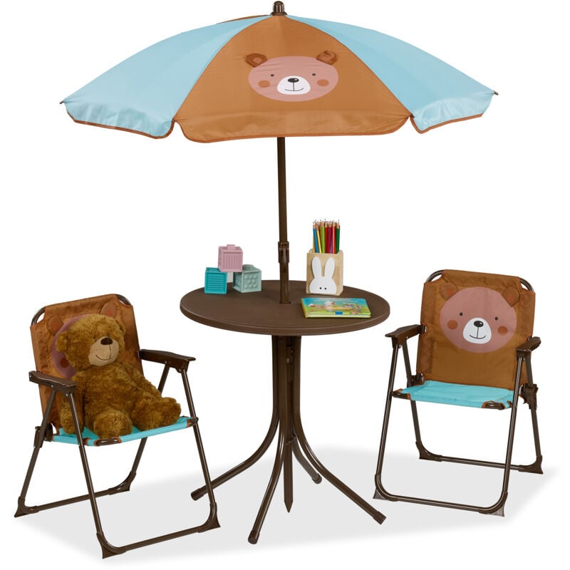foto del prodotto tavolo bambini con ombrellone, set con 2 sedie, da campeggio e giardino, tavolino picnic, design orso, marrone relaxdays