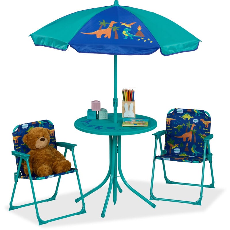 foto del prodotto tavolo bambini con ombrellone, set con 2 sedie, da campeggio e giardino, tavolino picnic, dinosauri, turchese relaxdays