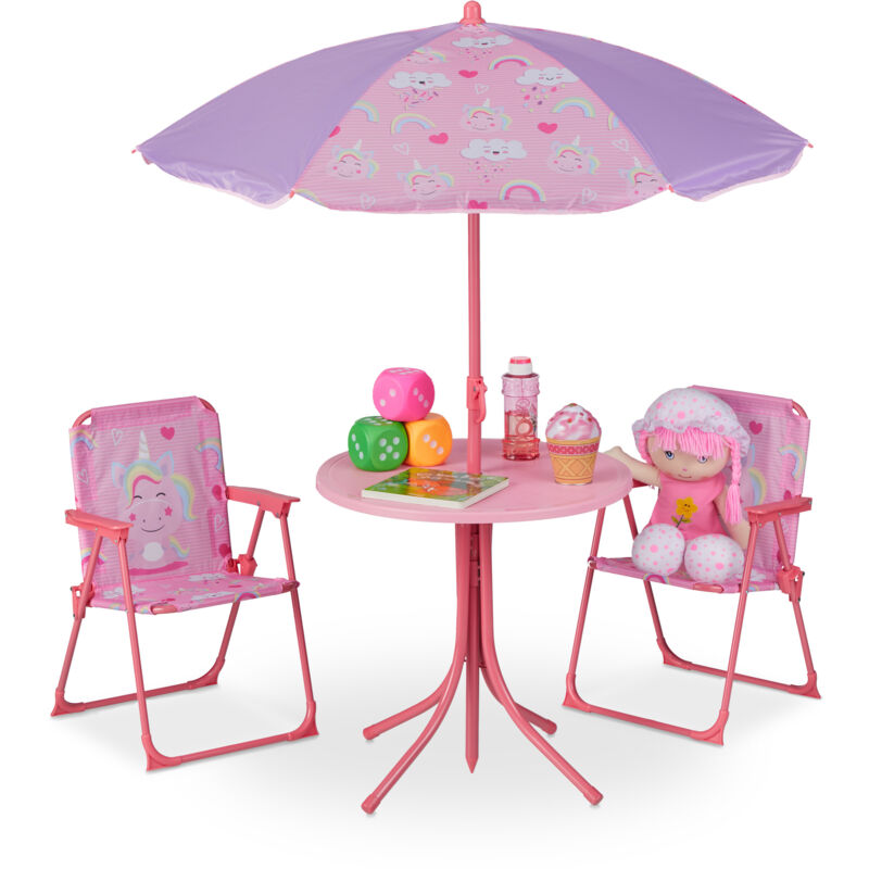 foto del prodotto tavolo bambini con ombrellone, set con 2 sedie, da campeggio e giardino, tavolino picnic, rosa relaxdays