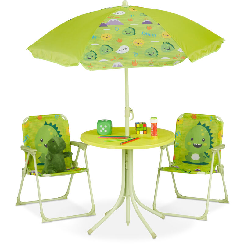 foto del prodotto tavolo bambini con ombrellone, set con 2 sedie, da campeggio e giardino, tavolino picnic, verde relaxdays