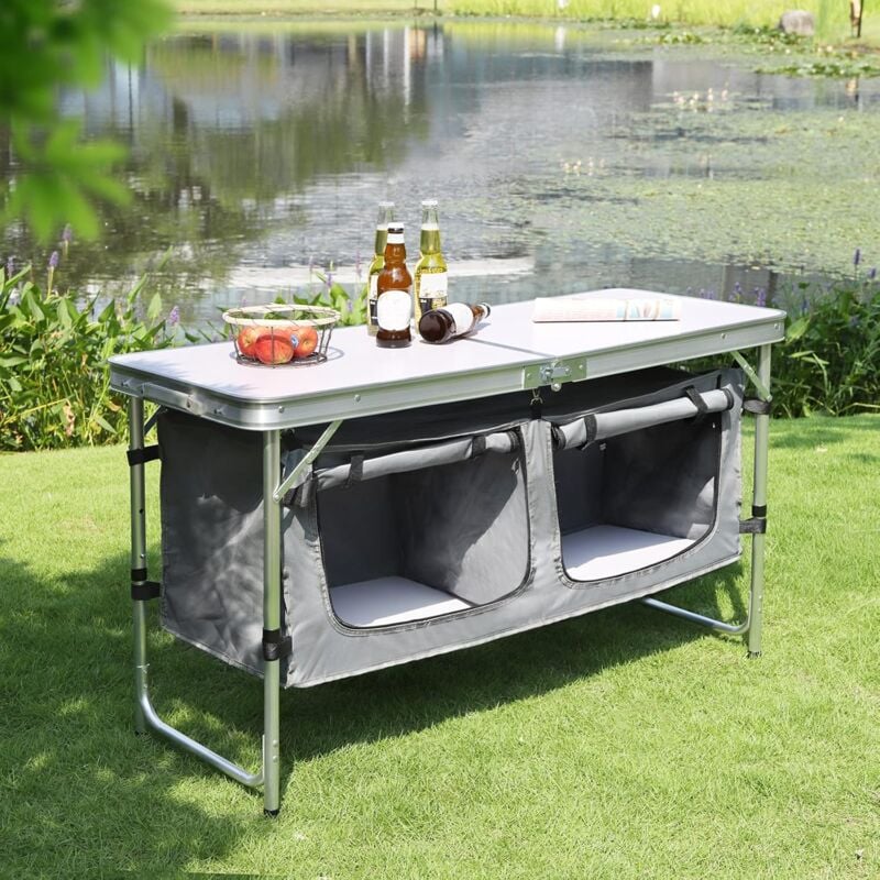 foto del prodotto tavolo campeggio pieghevole mobile cucina da campeggio con 2 scomparti woltu