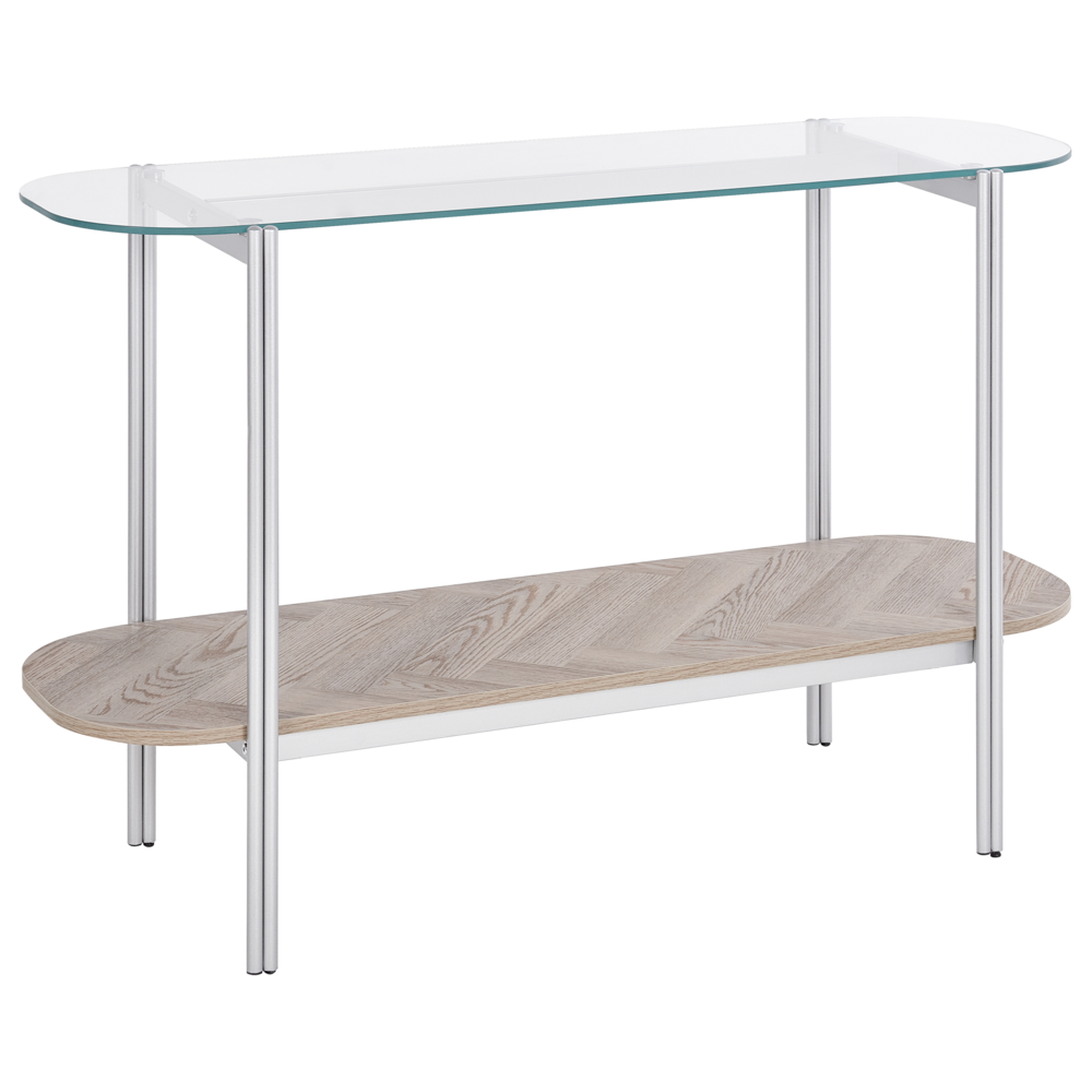 foto del prodotto tavolo console con piano in vetro temperato e struttura in metallo 1 ripiano in legno chiaro e argento stile moderno