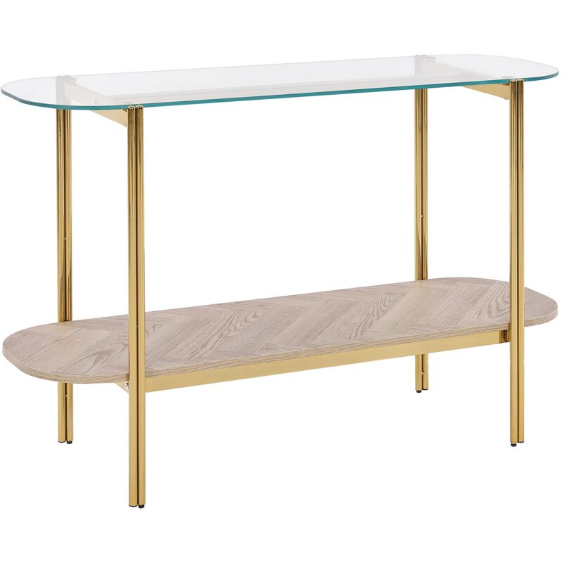 foto del prodotto tavolo console con piano in vetro temperato e struttura in metallo 1 ripiano in legno chiaro e oro lovell