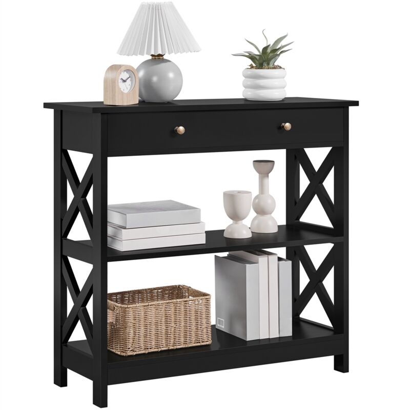 foto del prodotto tavolo console con ripiani e cassetti, consolle ingresso moderno, mobiletto salvaspazio in legno, per soggiorno, corridoio, nero, 80 x 30 x 80 cm