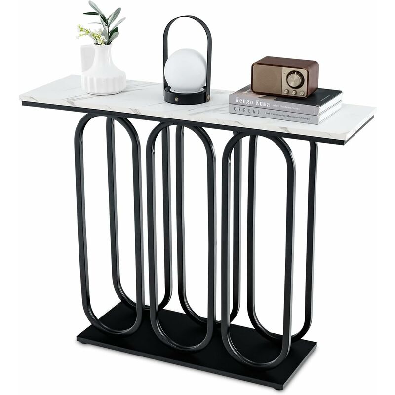 foto del prodotto tavolo consolle 100 cm, mobile ingresso con piano effetto marmo, piedini regolabili, struttura in metallo e kit anti ribaltamento, tavolino moderno