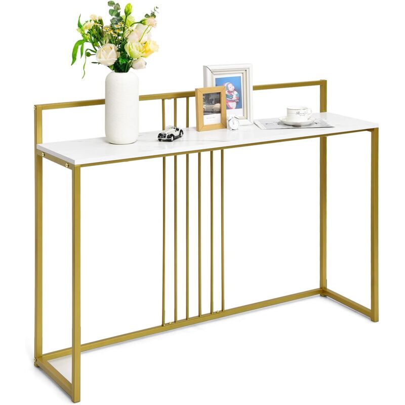 foto del prodotto tavolo consolle 120 cm, tavolo d ingresso con piano effetto marmorino e sponda, consolle con struttura in metallo dorato per salotto, corridoio e