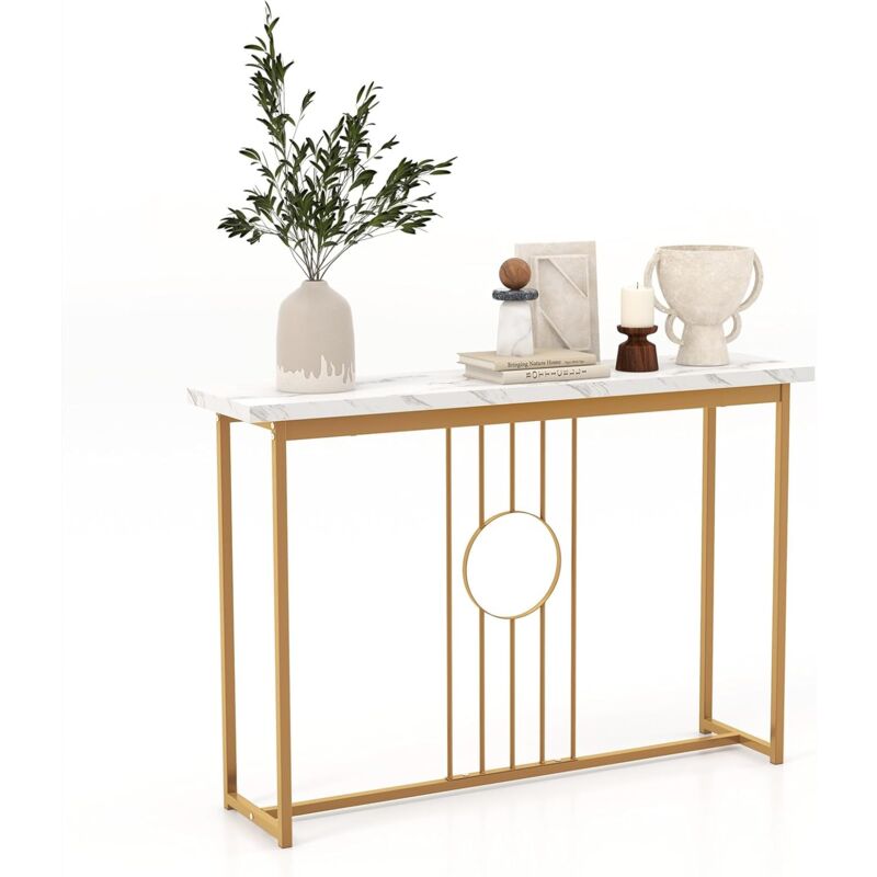 foto del prodotto tavolo consolle 120cm, tavolo moderno con piano effetto marmo, struttura in metallo robusto e piedini regolabili, tavolino da divano per soggiorno,