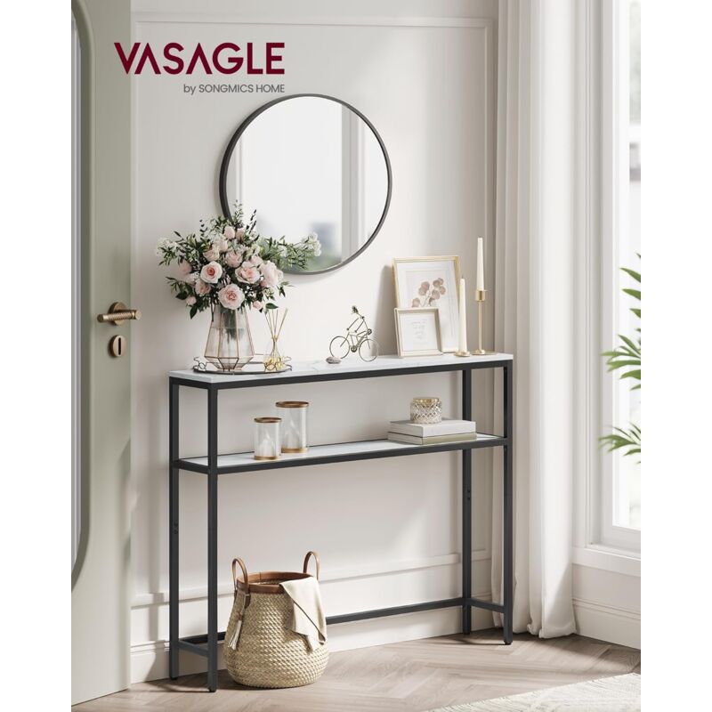 foto del prodotto tavolo consolle, 20 x 100 x 80 cm, tavolino stretto, tavolo da ingresso moderno con 2 ripiani, per soggiorno, camera da letto, bianco marmo e nero