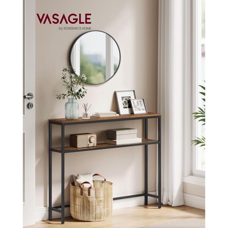foto del prodotto tavolo consolle, 20 x 120 x 80 cm, tavolino stretto, tavolo da ingresso moderno con 2 ripiani, per soggiorno, camera da letto, marrone vintage e nero