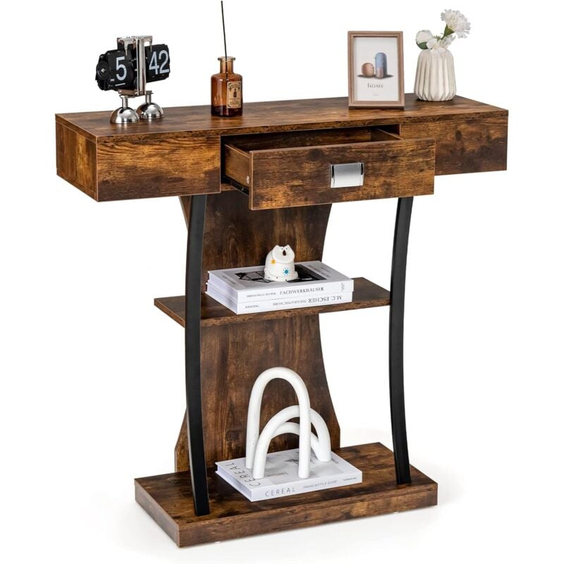 foto del prodotto tavolo consolle a 3 livelli, con cassetto portaoggetti, tavolo d ingresso in metallo per camera da letto, soggiorno, corridoio, ufficio, 91 x 30 x 88