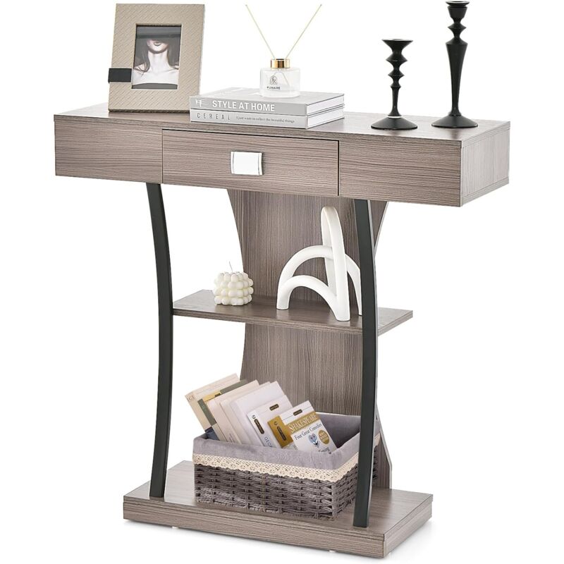 foto del prodotto tavolo consolle a 3 piani con ripiani, tavolo da ingresso in legno con dispositivo antiribaltamento e tubi metallici di supporto, tavolo da divano