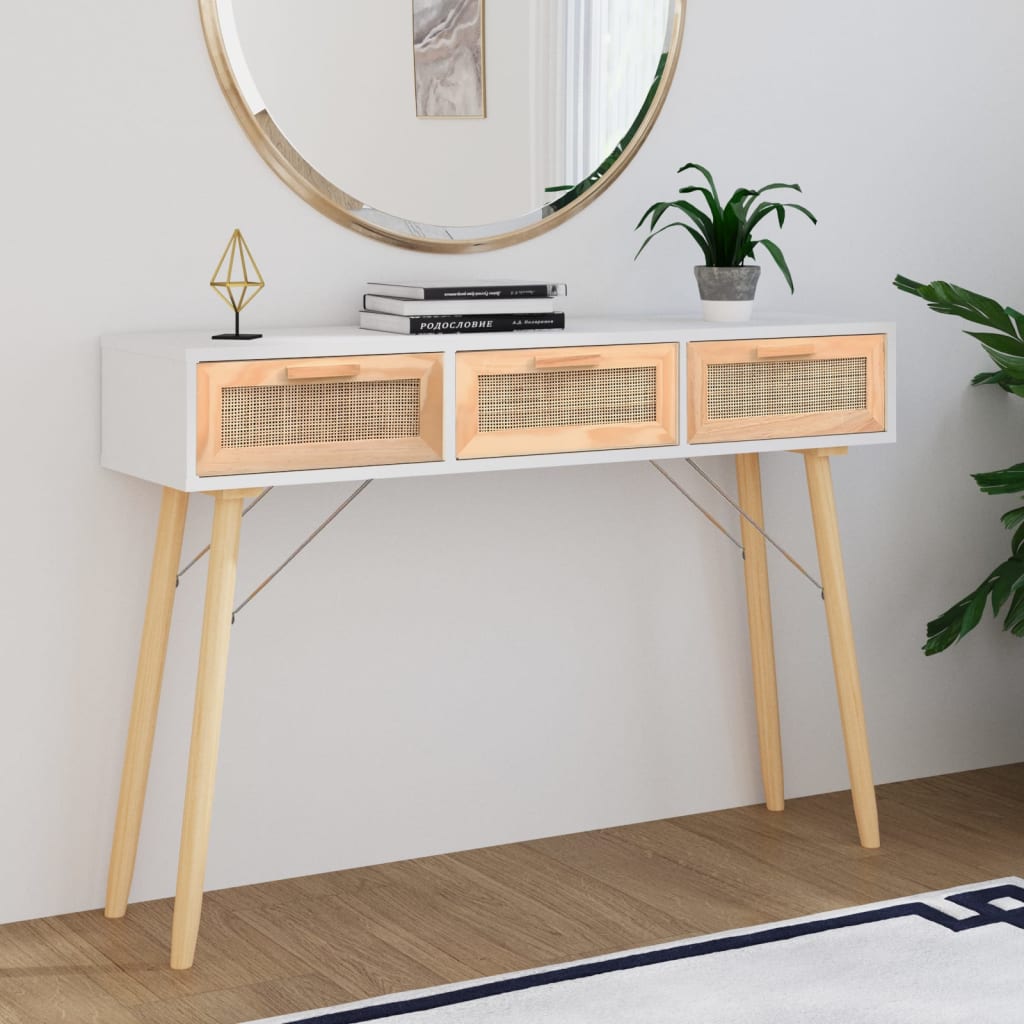 foto del prodotto tavolo consolle bianco 105x30x75 massello pino rattan naturale cod mxl 17890