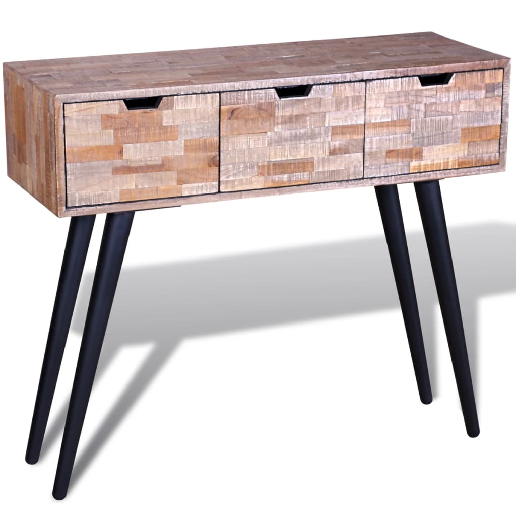 foto del prodotto tavolo consolle con 3 cassetti in legno di recupero di teak