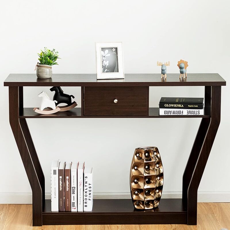 foto del prodotto tavolo consolle da ingresso, tavolo con cassetto per soggiorno, tavolo con 3 ripiani, design minimalista, 120 x 30 x 81cm marrone relax4life
