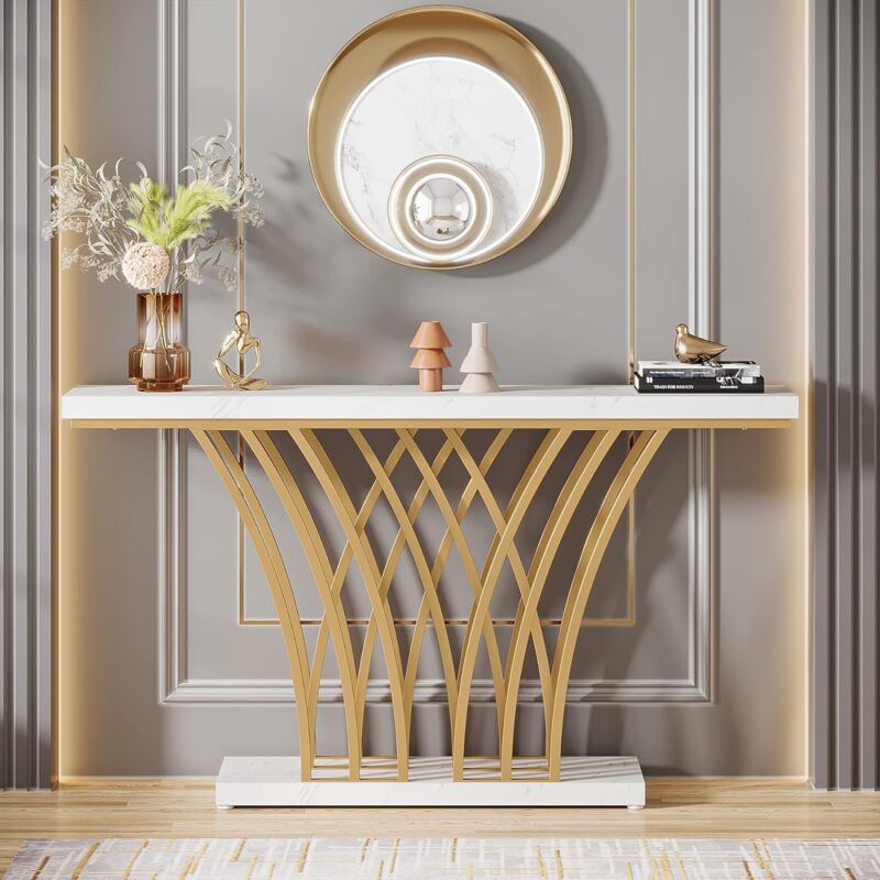foto del prodotto tavolo consolle dorato, 150 x 29,5 x 80 cm, moderno tavolo d ingresso con base in metallo a griglia per ingresso, corridoio, ingresso, soggiorno