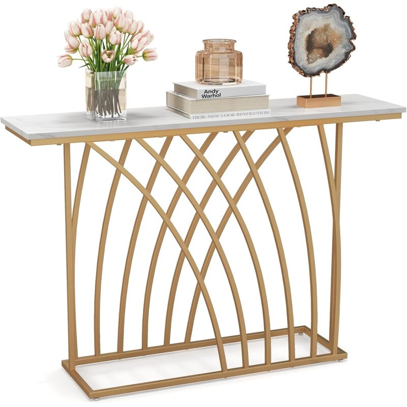 foto del prodotto tavolo consolle dorato da 120 cm, tavolo da ingresso moderno con piano effetto marmo bianco, base geometrica, tavolo lungo e stretto da divano per