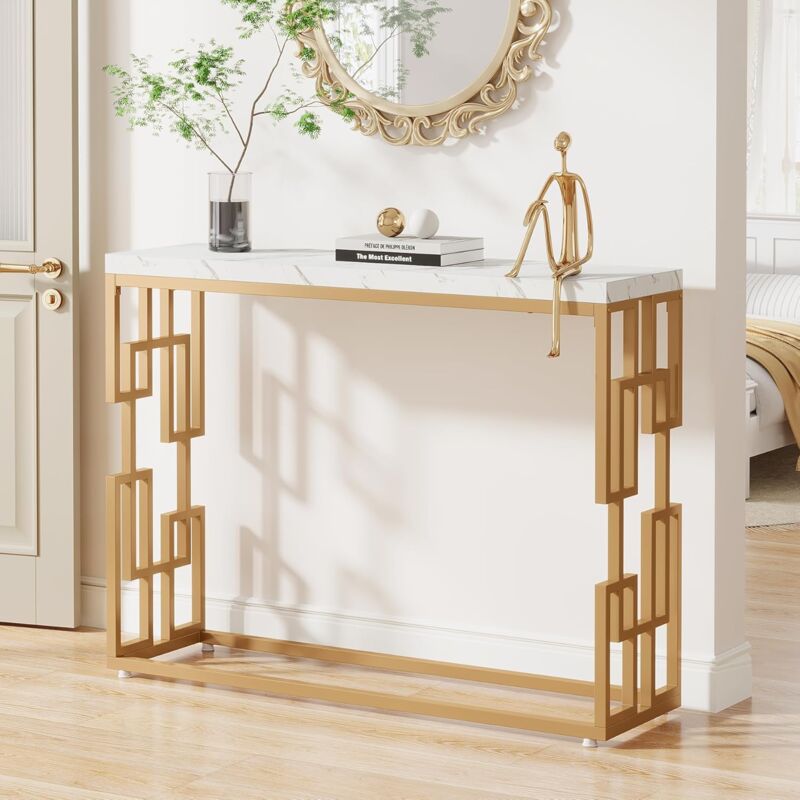 foto del prodotto tavolo consolle dorato, moderno, 108 cm tavolo da ingresso, in finto marmo bianco, con gambe in metallo dorato, per soggiorno, ingresso e