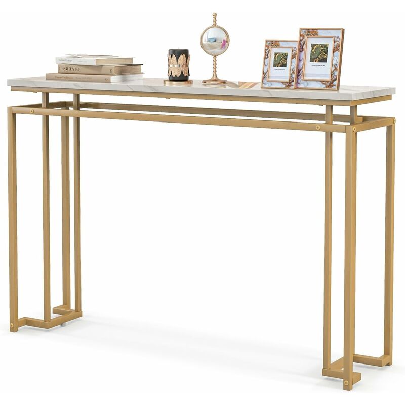 foto del prodotto tavolo consolle dorato, tavolo ingresso moderno da 120 cm con piano effetto marmo e struttura geometrica in metallo, consolle con kit