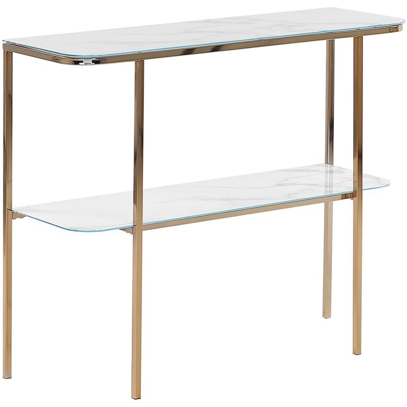 foto del prodotto tavolo consolle glamour effetto marmo 100 x 35 cm piano bianco gambe in metallo dorato calvert