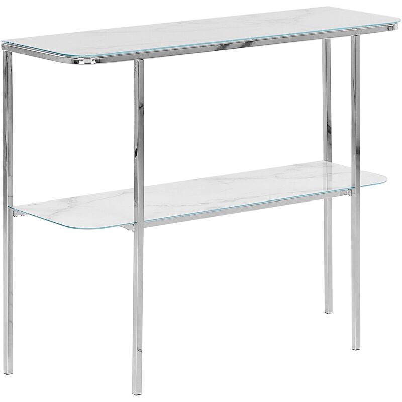 foto del prodotto tavolo consolle glamour effetto marmo piano bianco gambe in metallo argentato calvert