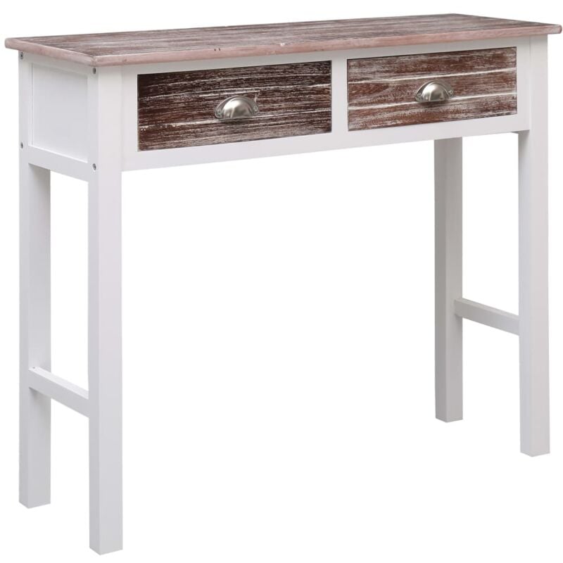 foto del prodotto tavolo consolle in legno di paulownia con 2 cassetti maniglie in metallo vari colori colore marrone