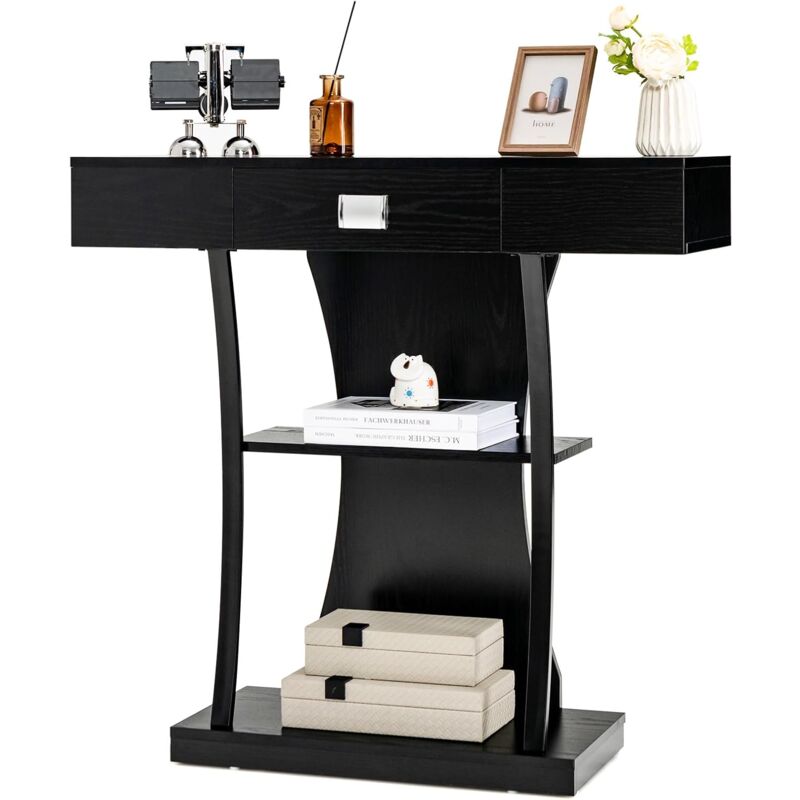 foto del prodotto tavolo consolle in legno, tavolo ingresso con cassetti, ripiani e 2 kit anti ribaltamento, tavolo multiuso e salvaspazio per salotto, camera da letto