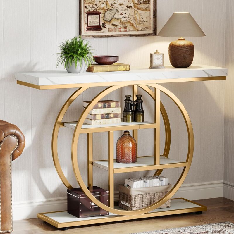 foto del prodotto tavolo consolle industriale a 4 ripiani da 104,9 cm, tavolo da ingresso con base circolare, tavoli stretti in legno con ripiani portaoggetti per