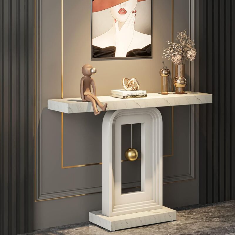 foto del prodotto tavolo consolle ingresso bianco, 100cm moderno tavoli consolle con base a pendolo, stampa su marmo tavolo consolle in legno per ingresso soggiorno