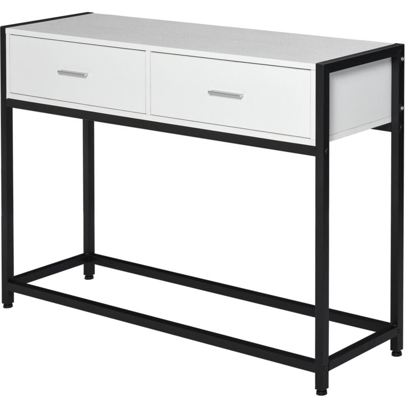 foto del prodotto tavolo consolle ingresso con 2 cassetti in legno bianco e metallo nero homcom