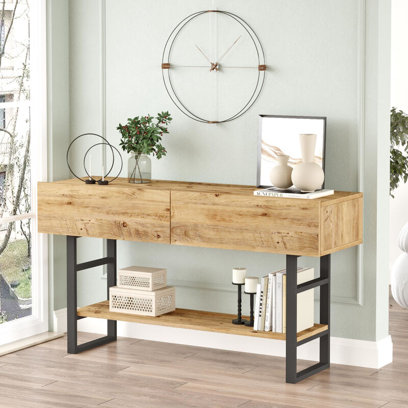 foto del prodotto tavolo consolle lappeenranta mobile contenitore con ante a ribalta 76x139x43 cm effetto rovere rustico nero en.casa 