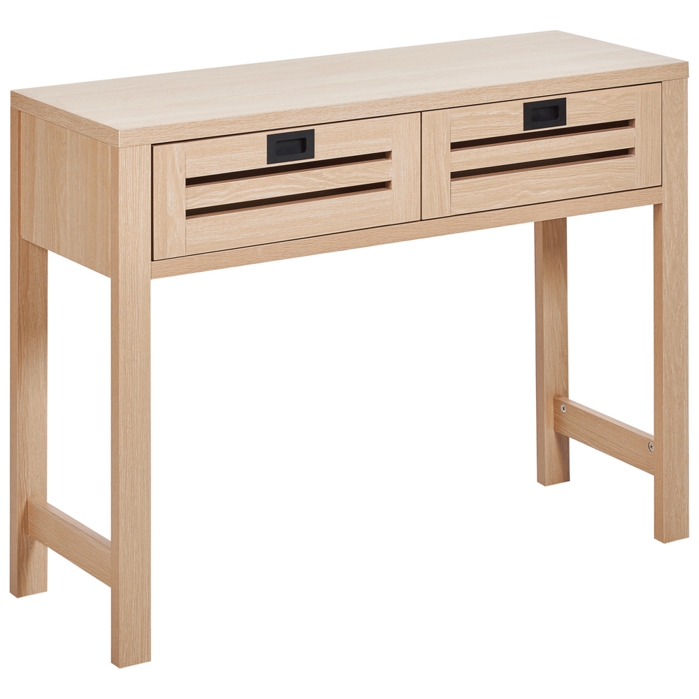 foto del prodotto tavolo consolle legno chiaro manufatto 2 cassetti maniglie nere mobili soggiorno corridoio design moderno boho