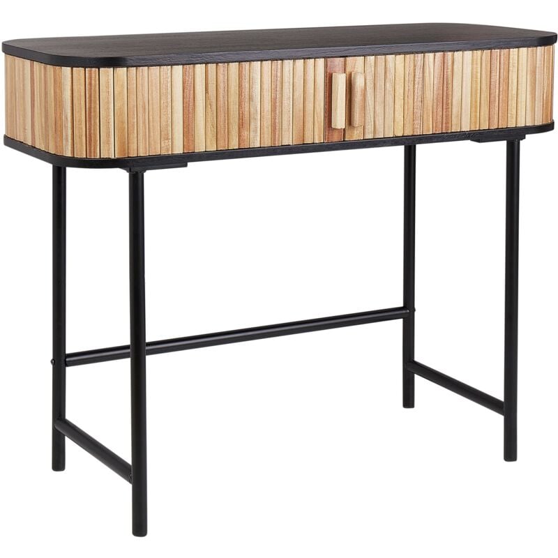 foto del prodotto tavolo consolle moderno a 2 ante con ripiani in legno mdf paulownia front gambe in ferro soluzione di archiviazione per la camera da letto legno