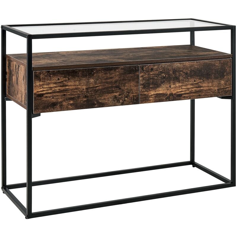 foto del prodotto tavolo consolle moderno piano in vetro struttura in metallo con 2 cassetti in legno scuro mauk