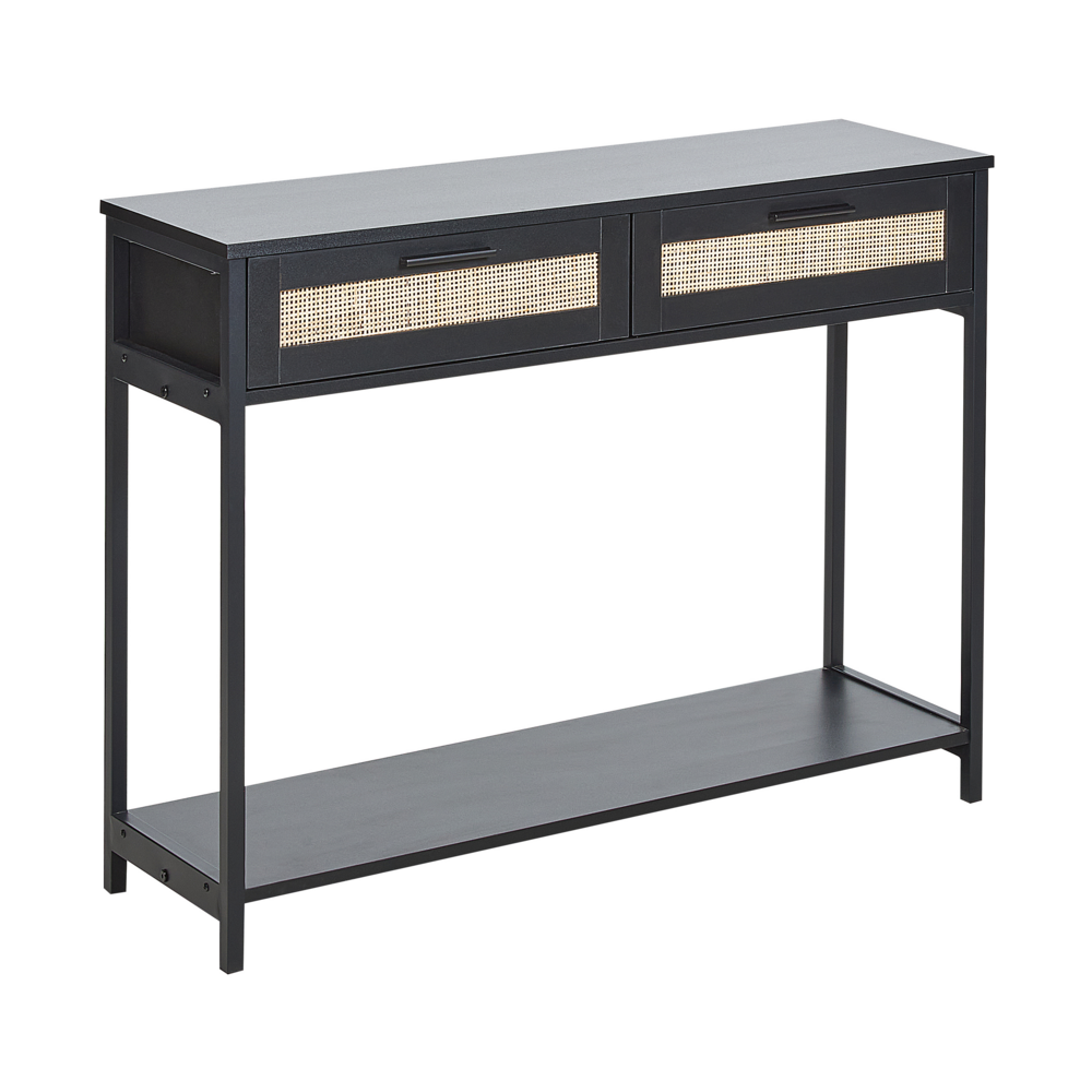 foto del prodotto tavolo consolle nero legno di fabbrica gambe in legno di gomma nero 2 cassetti fronti in vimini rattan soggiorno camera da letto corridoio mobili boho design
