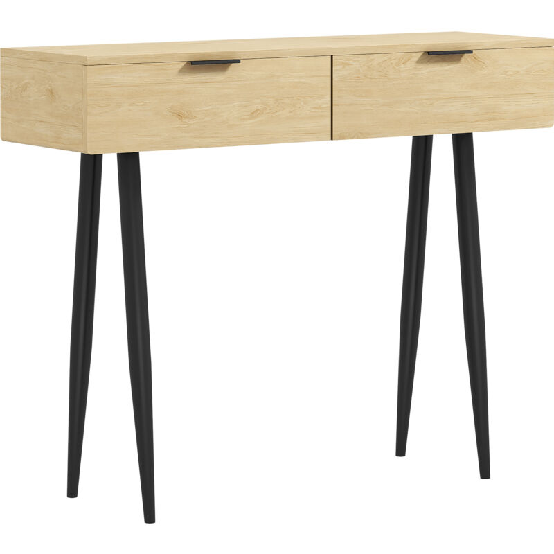 foto del prodotto tavolo consolle stile scandinavo con 2 cassetti legno e acciaio rovere homcom