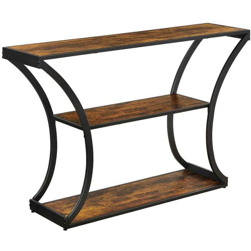 foto del prodotto tavolo consolle, tavolino d ingresso, tavolino da divano con struttura curvata, piano lungo, 2 ripiani aperti, per corridoio soggiorno, marrone