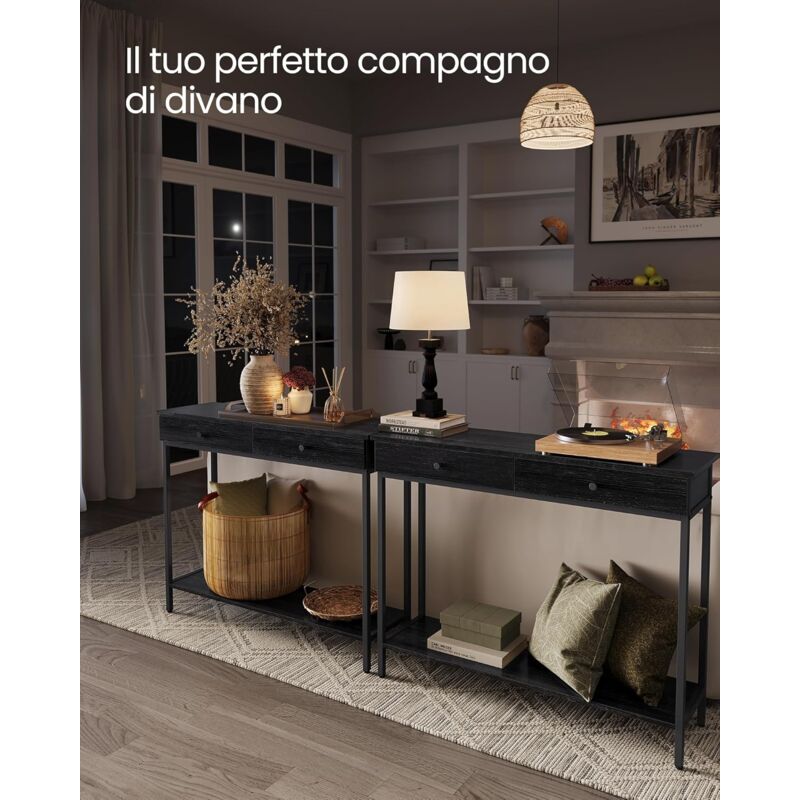foto del prodotto tavolo consolle, tavolo da ingresso, con 2 cassetti, struttura in metallo, per corridoio, camera da letto, soggiorno, stile industriale, grigio
