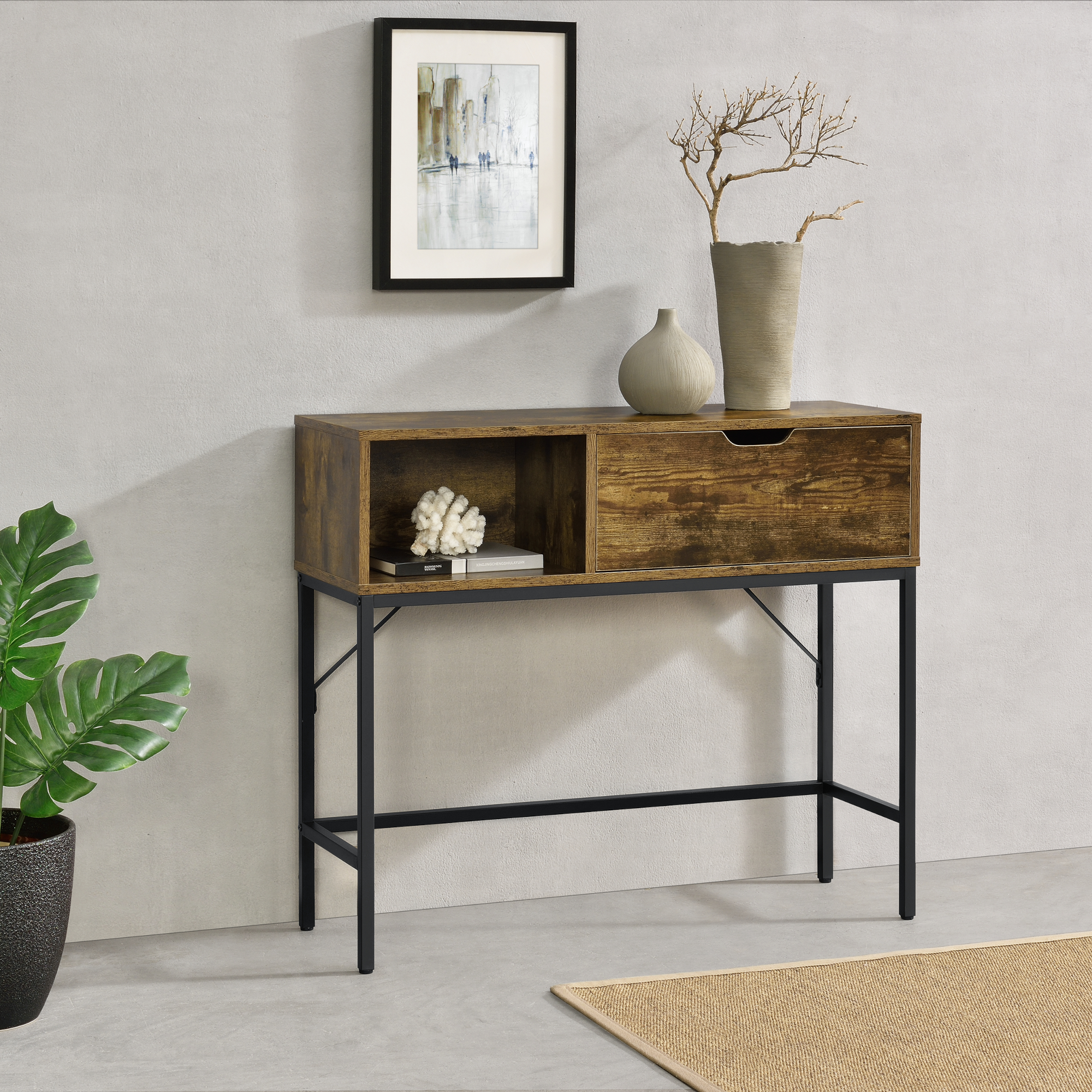 foto del prodotto tavolo consolle tranemo con scomparti color legno nero en.casa 