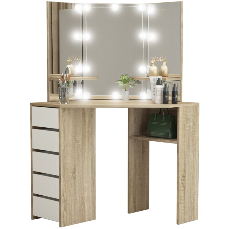foto del prodotto tavolo cosmetico per trucco tavolino ad angolo sonoma toelette con illuminazione lampadine led 3 specchi 5 cassetti 3 ripiani 110x141,5x54 cm per