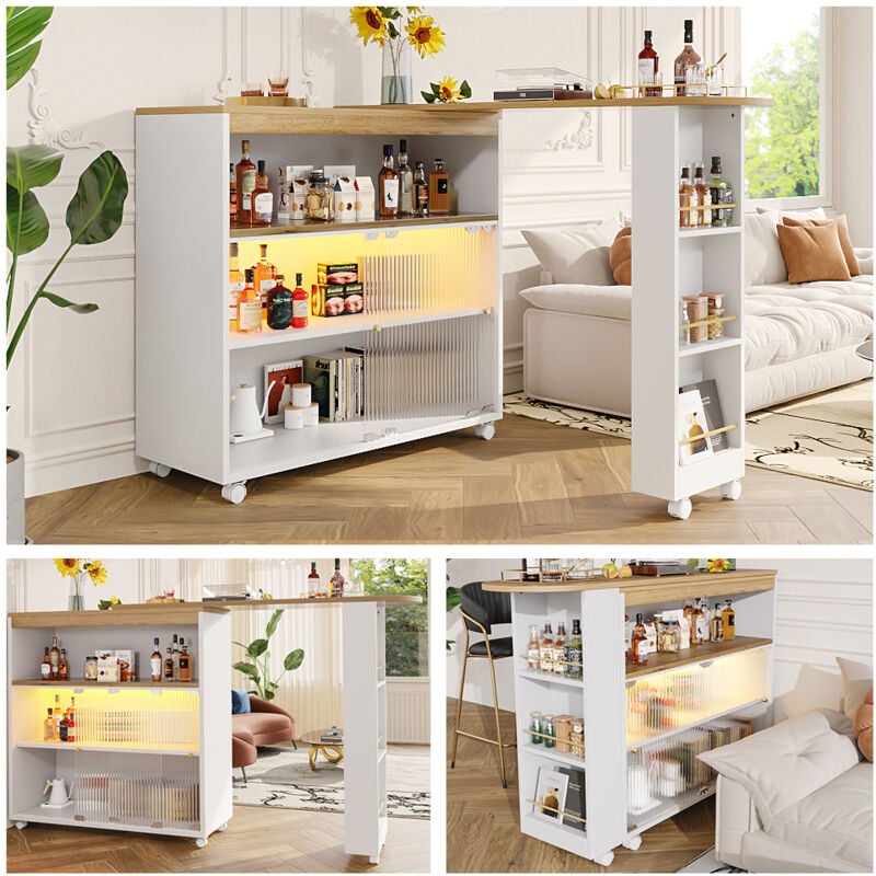 foto del prodotto tavolo da bar allungabile con spazio di archiviazione, tavolo da bar moderno mobile, tavolo da bar telescopico con led, tavolo da bistrot, bianco