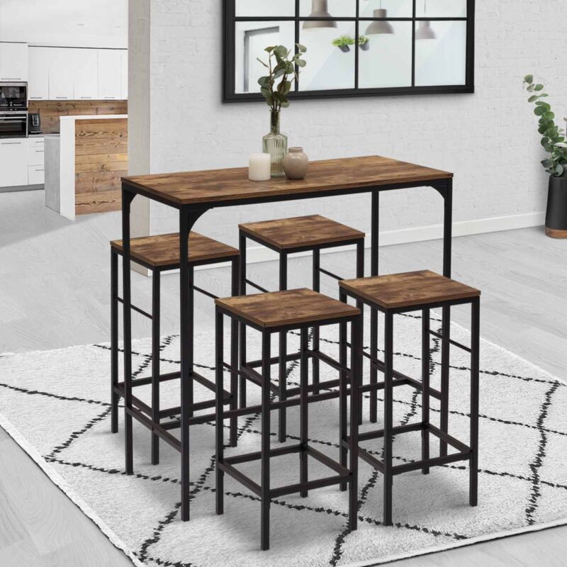 foto del prodotto tavolo da bar e 4 sgabelli dayton, alti 100 cm, in legno scuro con effetto distressed e design industriale nero
