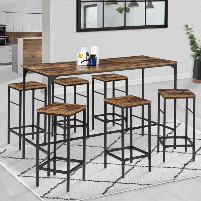 foto del prodotto tavolo da bar e 6 sgabelli dayton, alto 150 cm, con effetto anticato, design industriale
