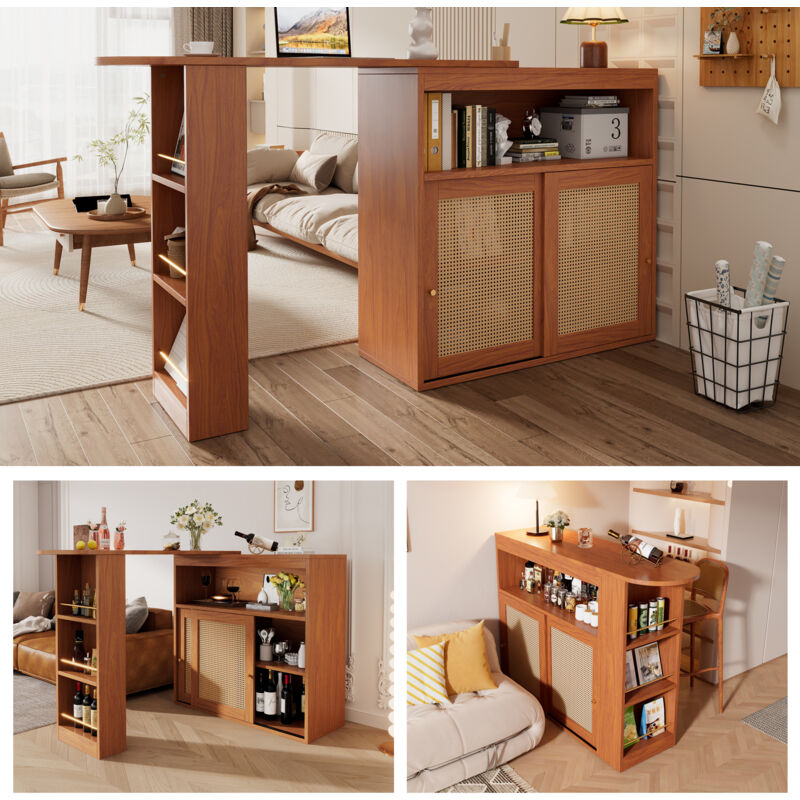 foto del prodotto tavolo da bar estensibile con contenitore, intreccio in rattan sui frontali delle ante, ripiani regolabili, marrone
