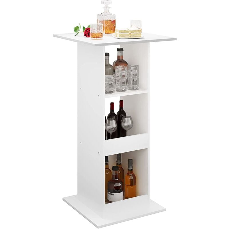 foto del prodotto tavolo da bar quadrato. tavolino alto e stretto con 3 ripiani. tavolo alto da cucina. sala da pranzo. bistrot. in truciolare. 60x60x112cm. bianco