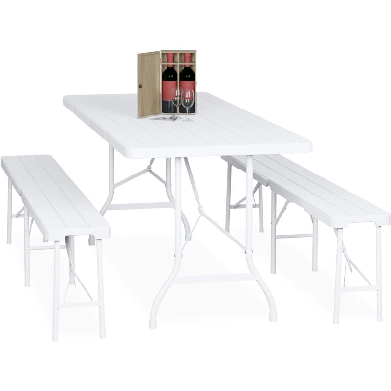 foto del prodotto tavolo da birreria con panche, set da giardino, panchine e tavolino 180 cm pieghevoli, aspetto legno, bianco relaxdays