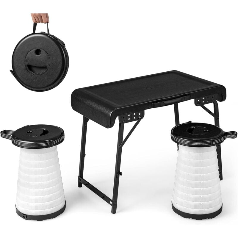 foto del prodotto tavolo da campeggio con 2 sgabelli a led retrattili, set da 3 pezzi per spiaggia, giardino, tavolo pieghevole e 2 sedie leggere per picnic, barbecue,