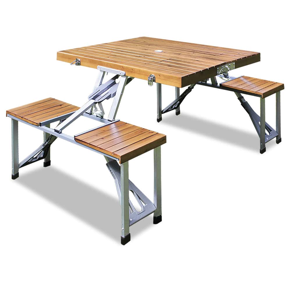 foto del prodotto tavolo da campeggio con sedie integrate alluminio legno