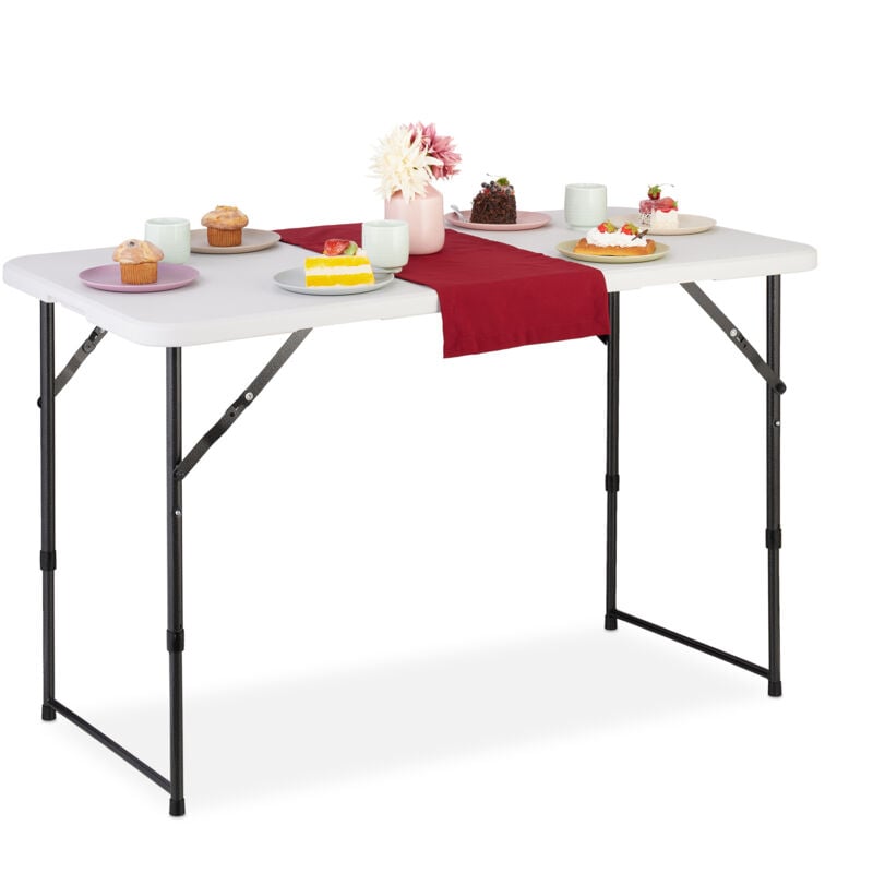 foto del prodotto tavolo da campeggio pieghevole, hlp 53,5 x 120 x 60 cm, tavolino in plastica, posto per 6 persone, bianco relaxdays
