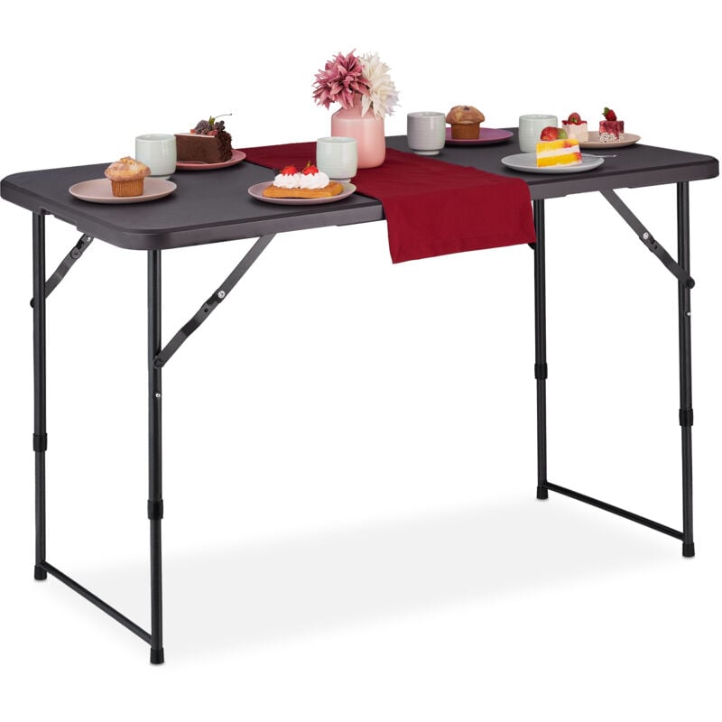 foto del prodotto tavolo da campeggio pieghevole, hlp 53,5 x 120 x 60 cm, tavolino in plastica, posto per 6 persone, grigio relaxdays