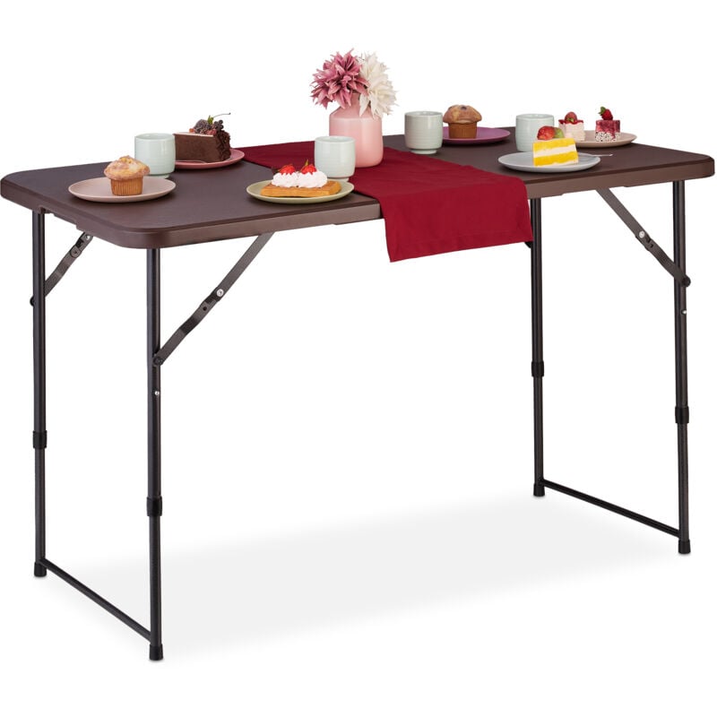 foto del prodotto tavolo da campeggio pieghevole, hlp 53,5 x 120 x 60 cm, tavolino in plastica, posto per 6 persone, marrone relaxdays